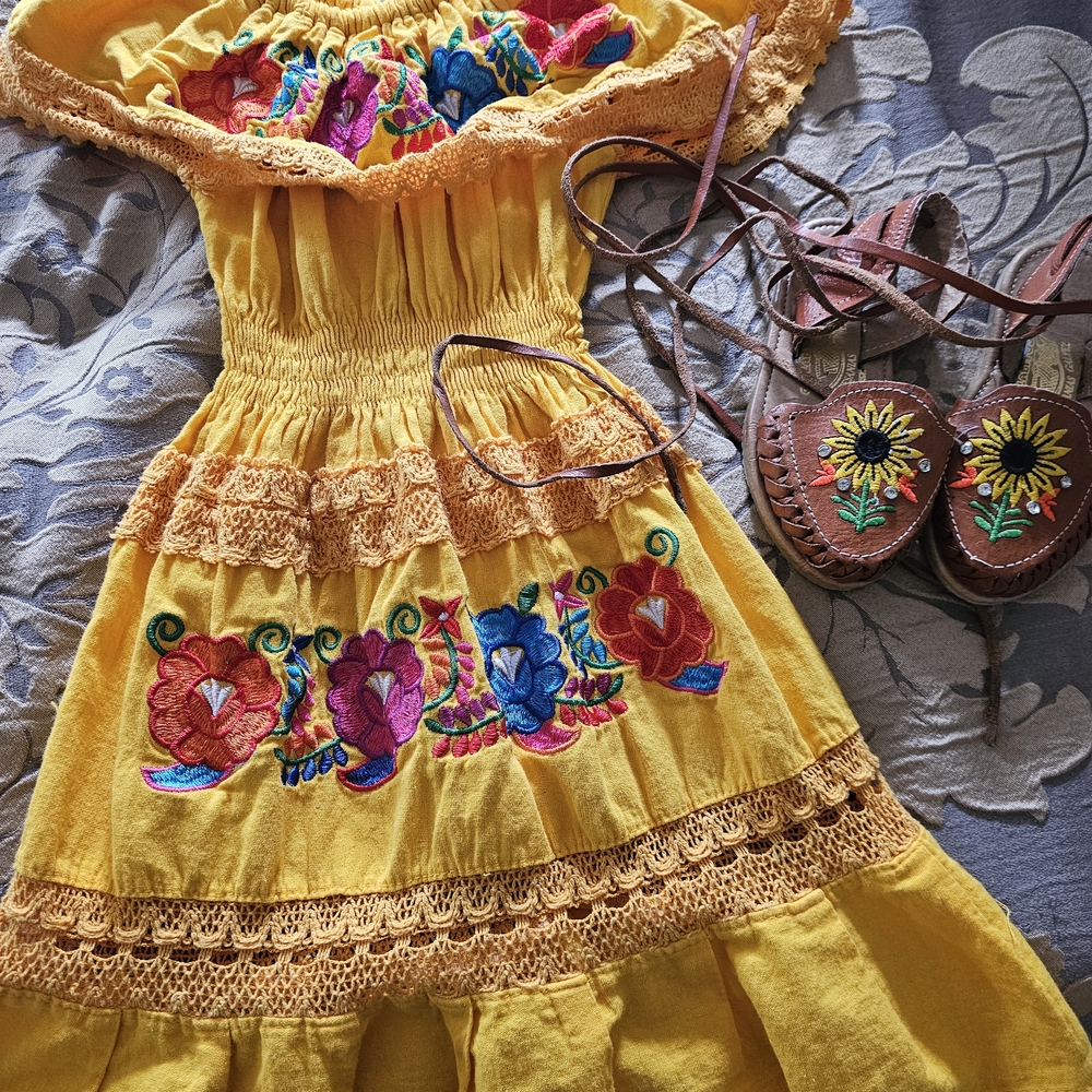 Yellow Floral Embroidered Dress with Sandals
